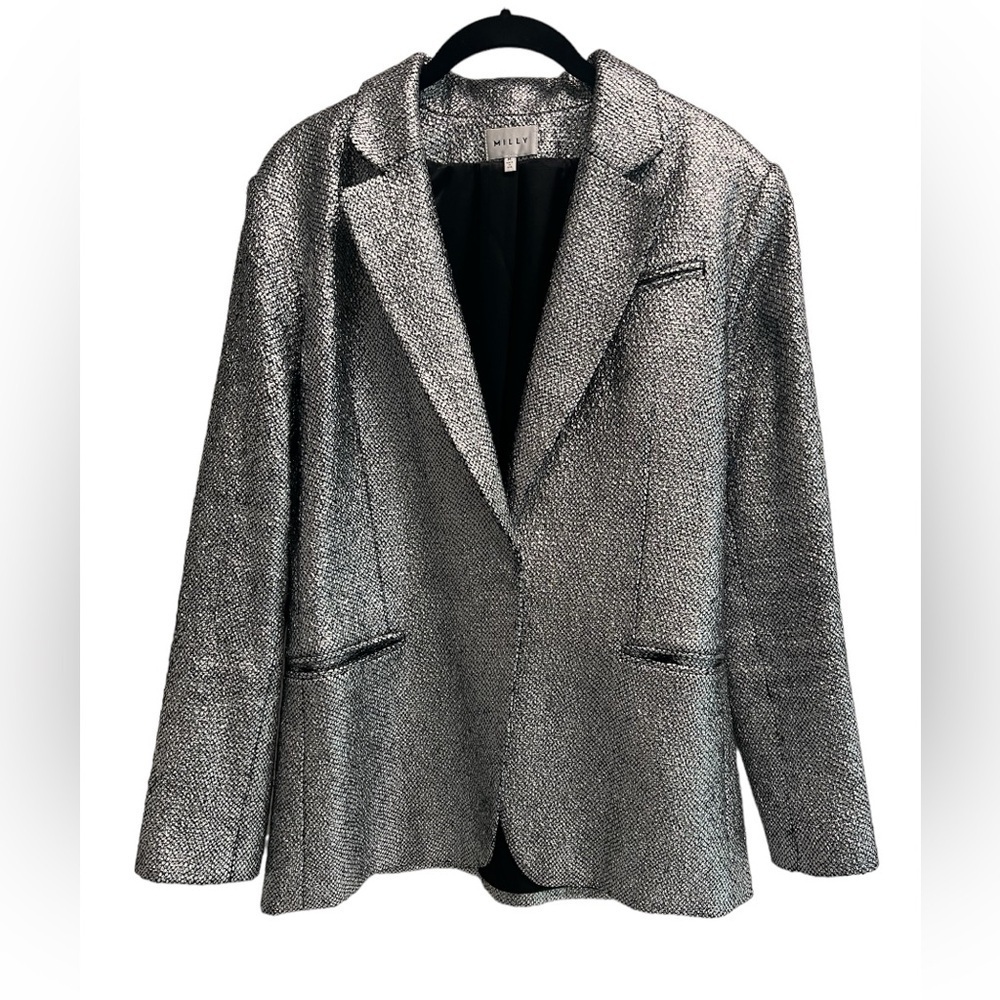 MILLY Women’s Metallic Silver Laminated Relaxed Fit Boyfriend Blazer - Medium